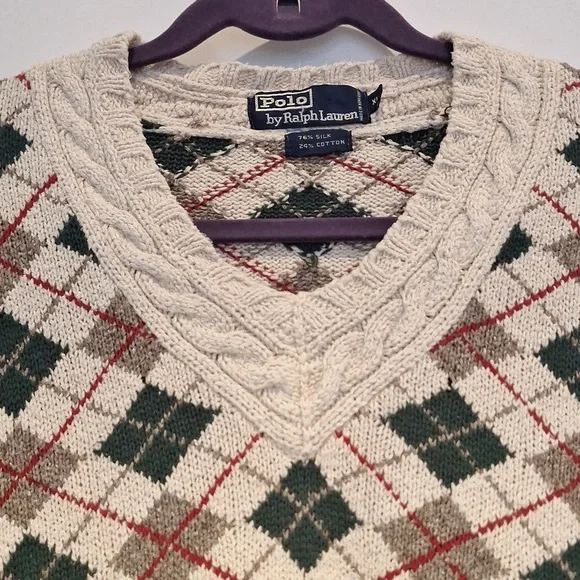 Vintage Polo By Ralph Lauren Argyle V-Neck Sweater - Silk Blend Size XL